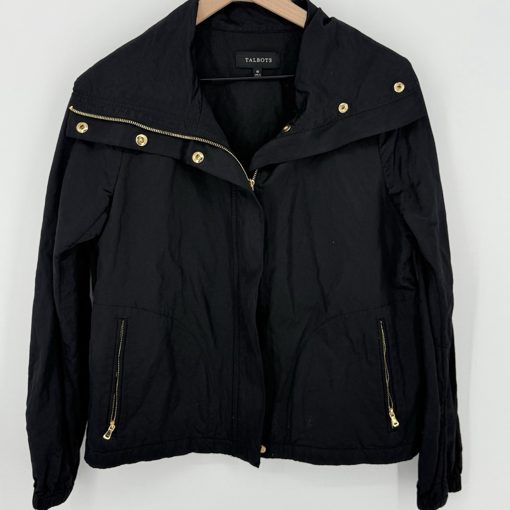 Talbots Black Moto Style Nylon rain jacket asymmetrical size 10